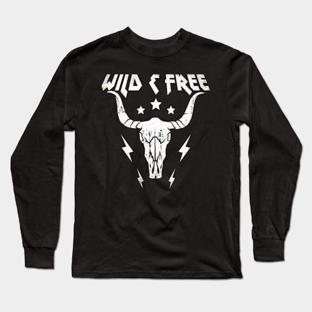 Wild and Free Steer Cattle Longhorn Skull Bohemian Boho Long Sleeve T-Shirt by Sassee Designs